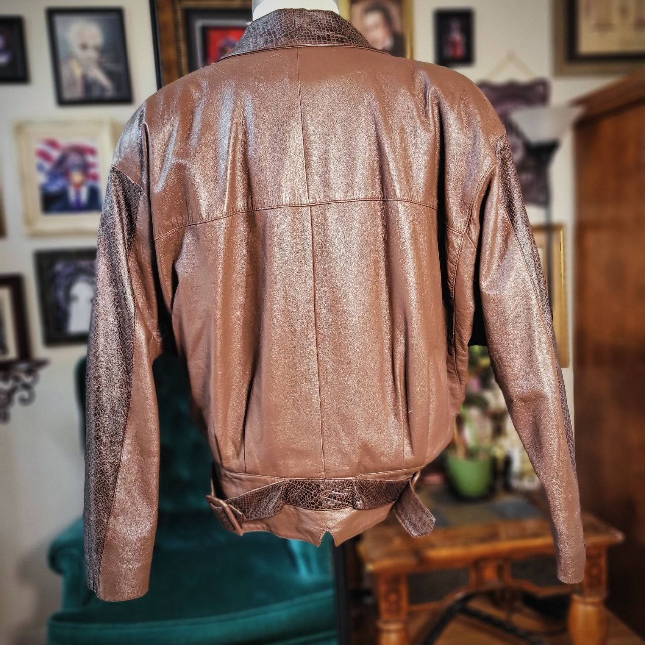 Lora Brown Leather Jacket Vintage 80s Snakeskin Print Trim Batwing Cropped 8