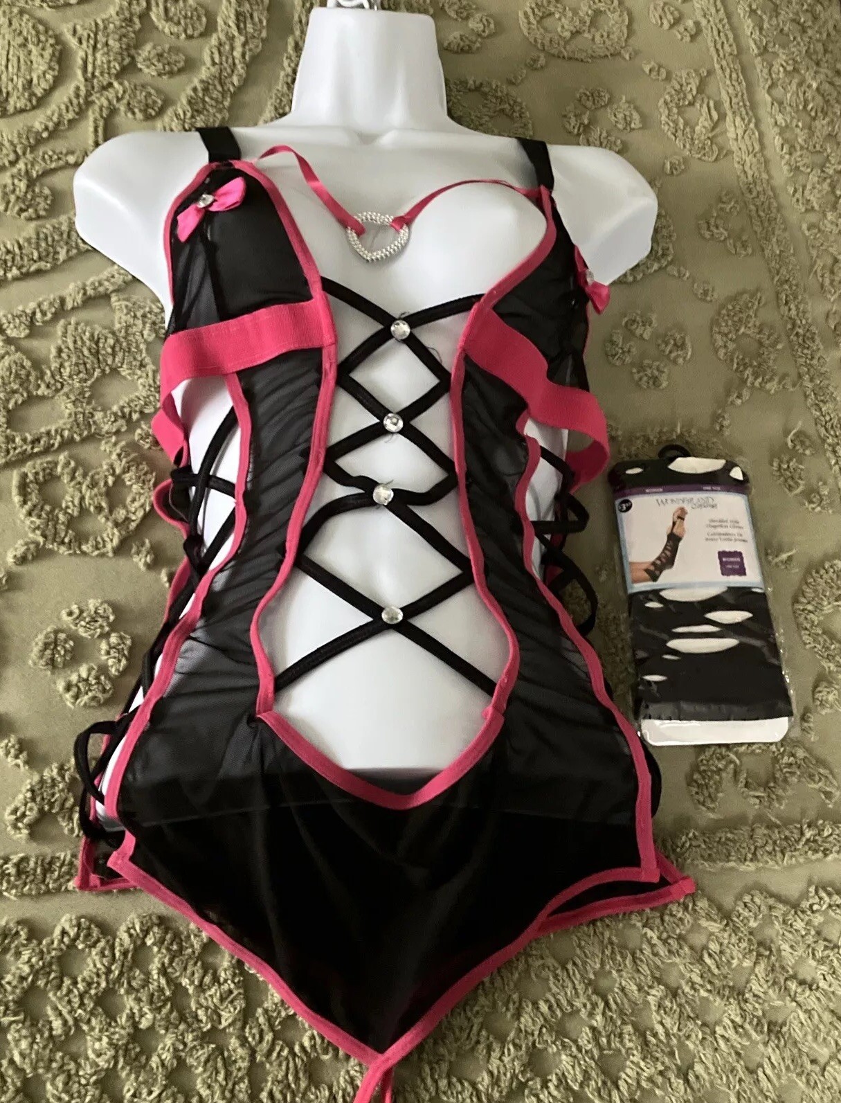 Vintage Black Pink Strappy Woman’s Teddy Sexy Bodysuit Intimate Apparel One Size