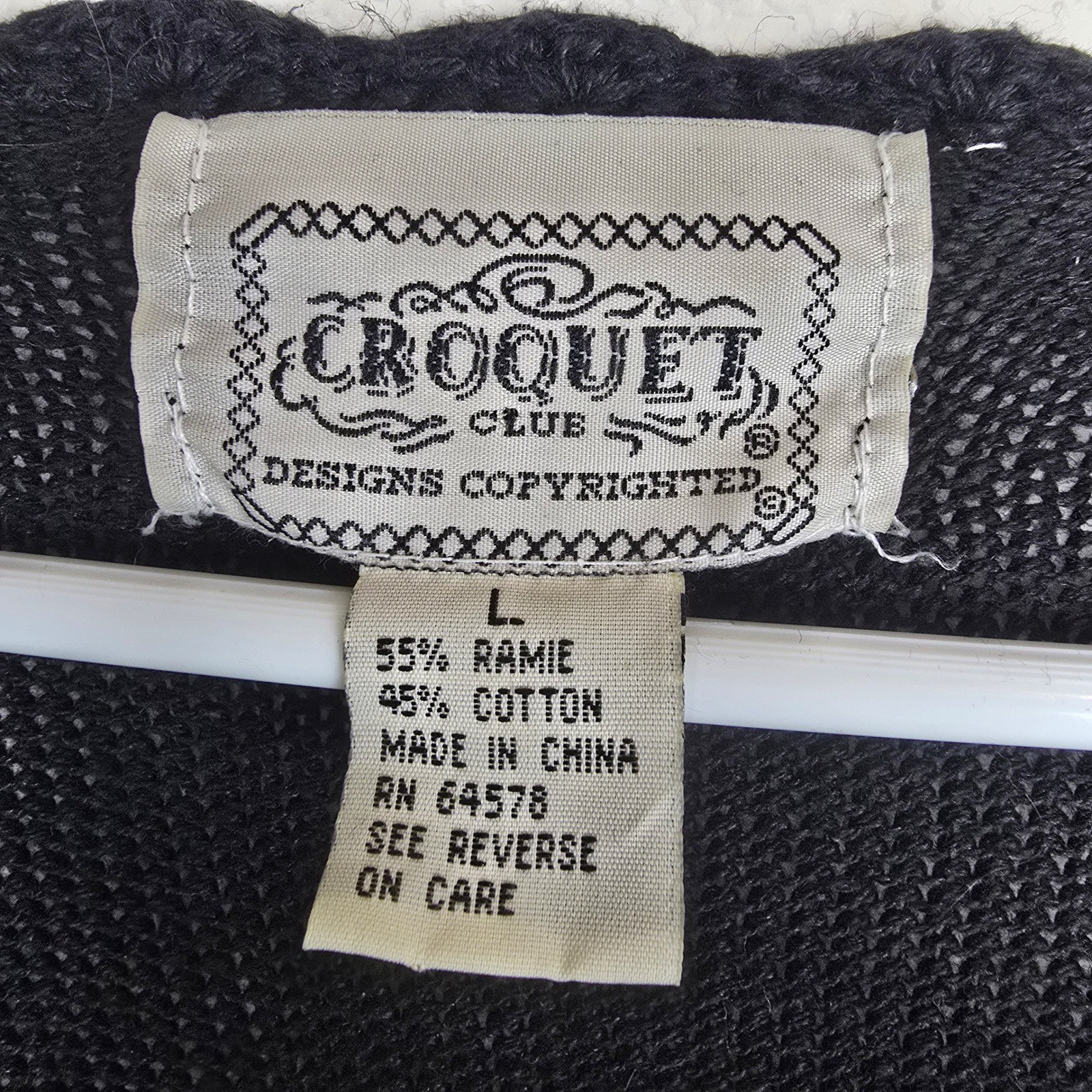 VTG Croquet Club Black Crochet Knit Sweater Vest Floral Ramie Cotton Large Boho