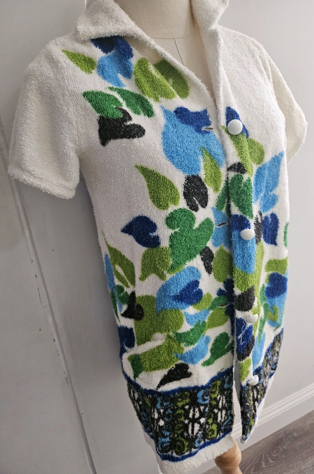 Vintage 60s Terrycloth Beach Coverup Bright Blue Green Unique Design S/M
