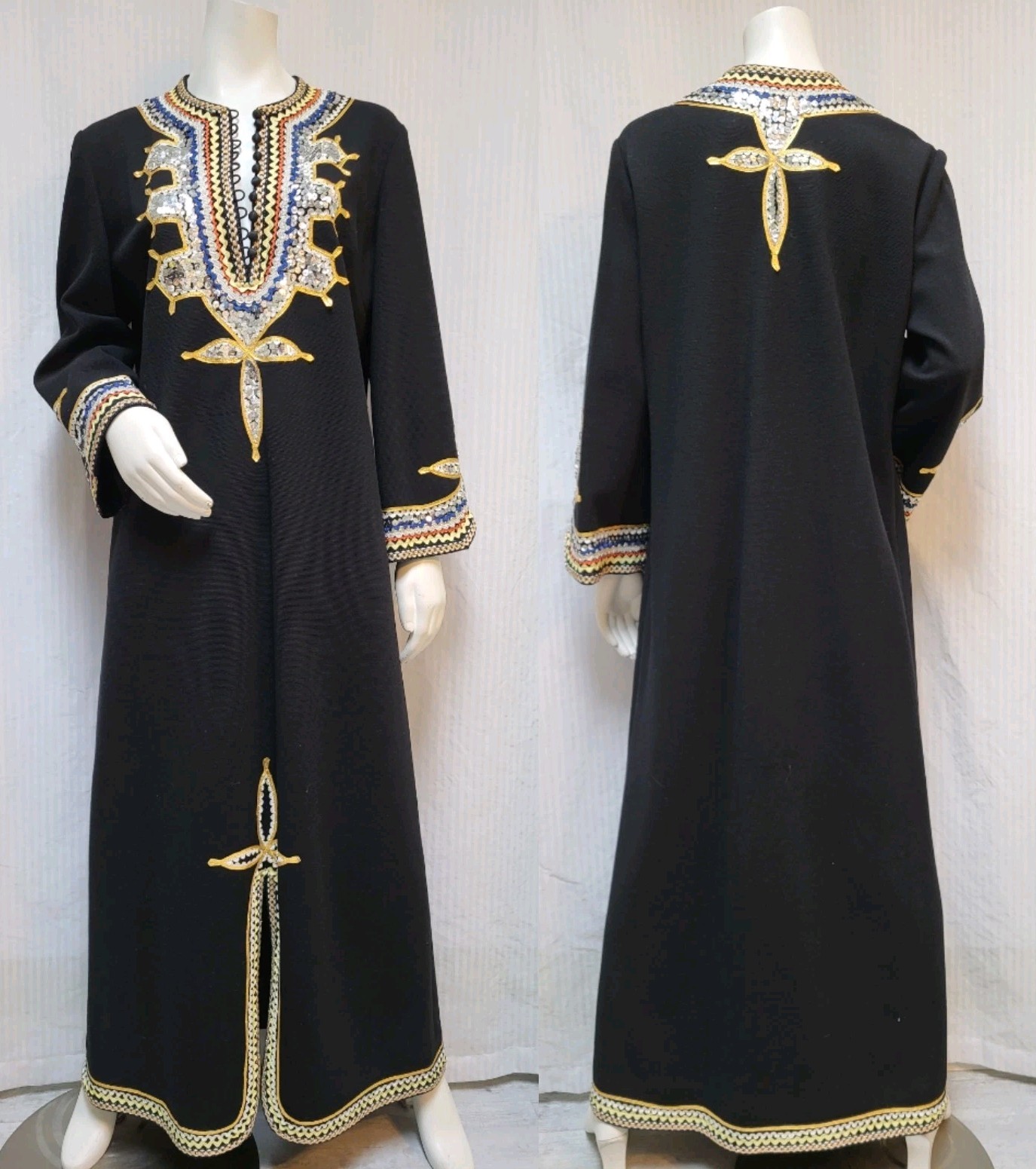 Vintage 1960’s PALIO Embellished Black Knit Wool Maxi Dress – Size XL – EUC