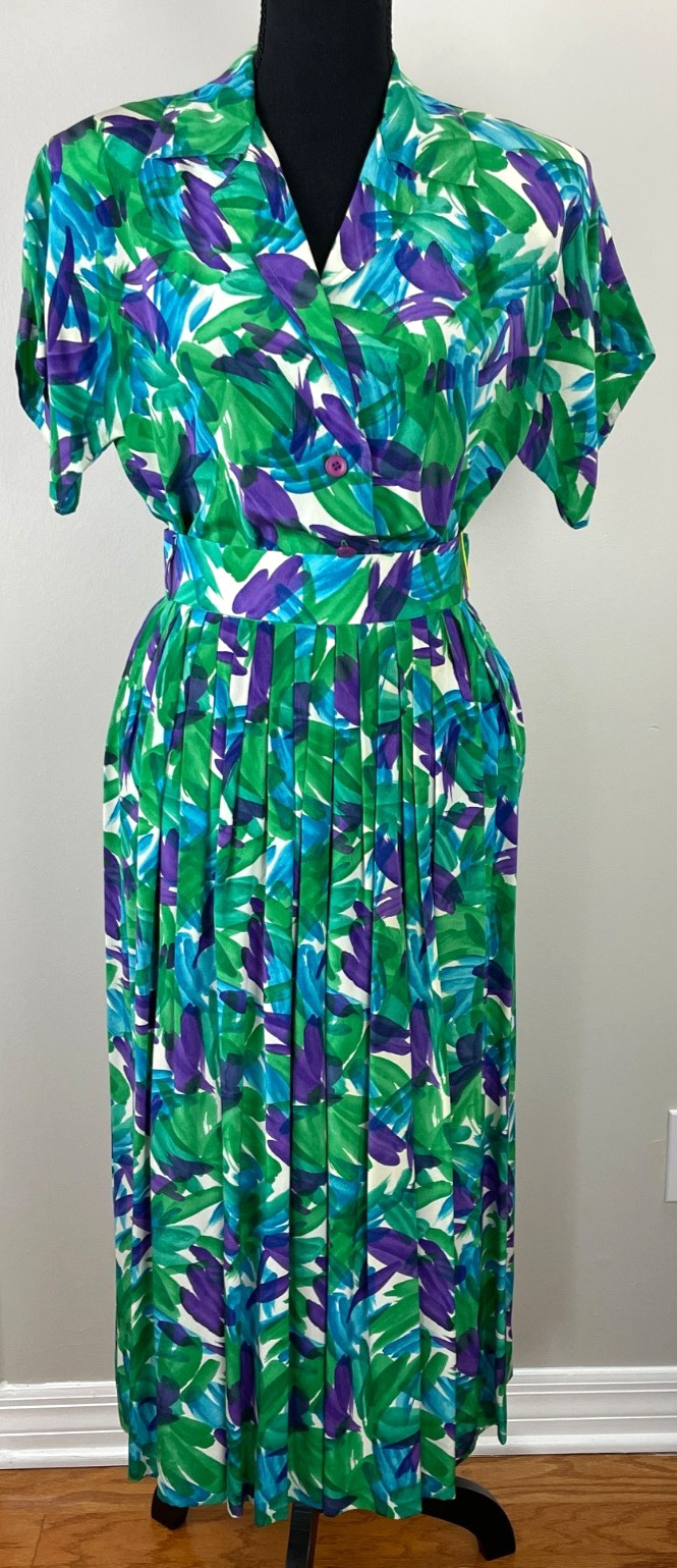 Vintage Miss O Oscar de la Renta Silk Blouse and Skirt Size 4 Pockets Floral