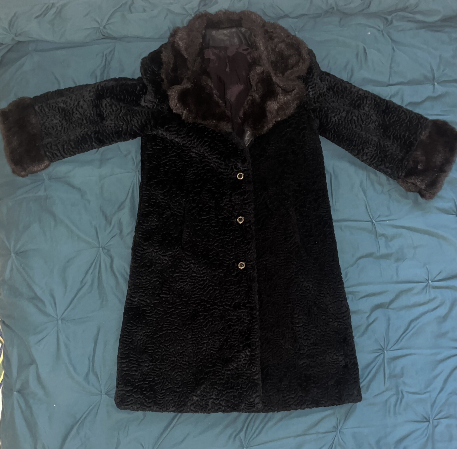 Vintage Coat Penny Lane Embossed Black Velvet &Brown Faux Fur 60s/70s Size L/XL