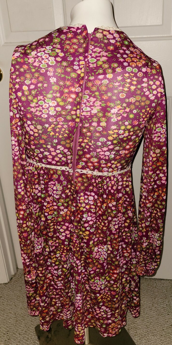 Vtg. 60s 70s floral Long Sleeve Mod Dress Trim Boho Small XS embroidered WOW!