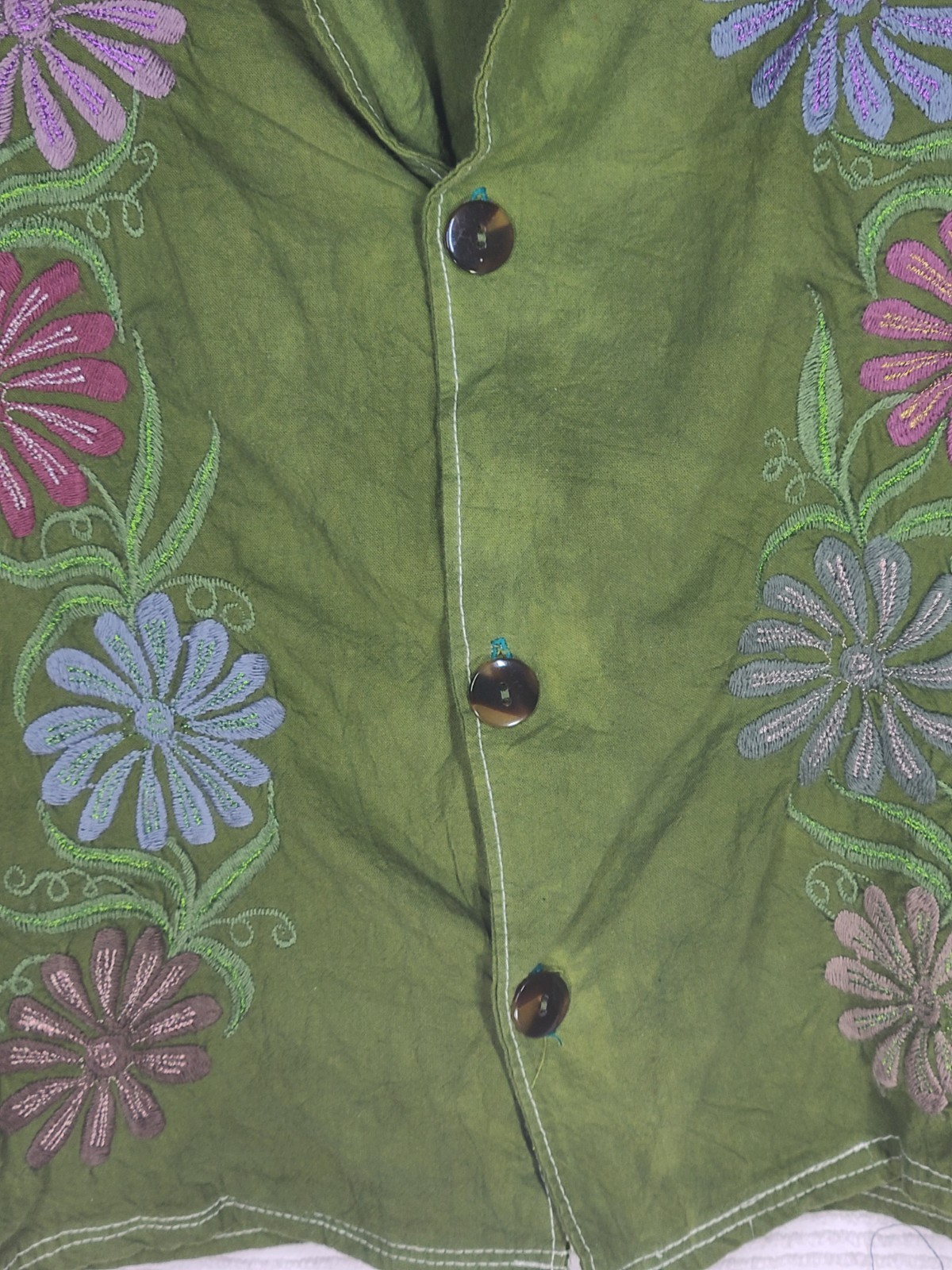 Vintage Embroidered Cotton Shirt M L Hand Dyed Boho Purple Flower Western Boho