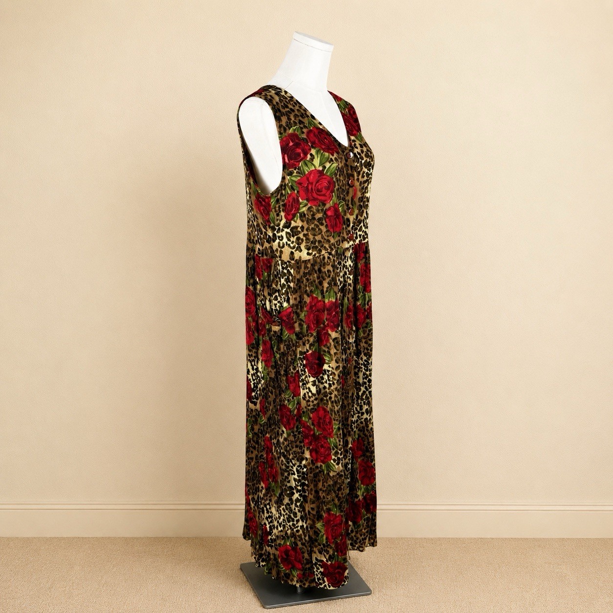 Vintage 90’s Bila Animal Print Crinkle Rayon Dress Roses Pockets Boho Size Large