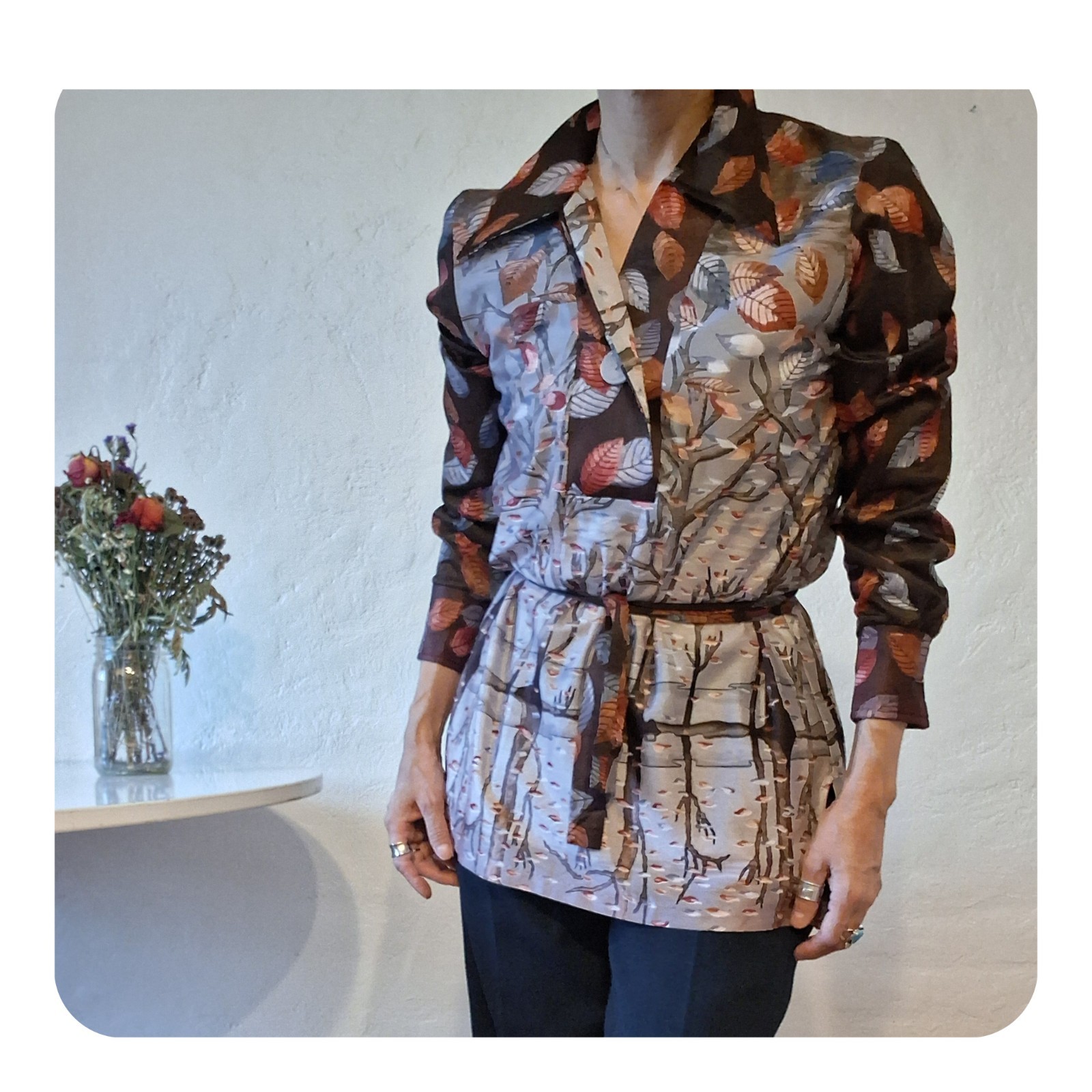 Vintage 70s Royal Blouse Autumn Forest Tree Print Tunic Top w/ Belt Dagger…