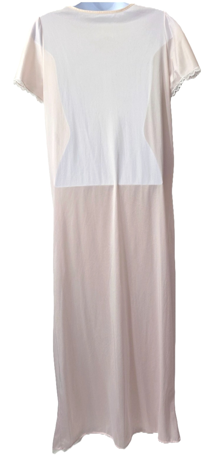 Vintage Lady Cameo Night Gown M L Maxi Dress Nightie Pink Lace Sheer Nylon Satin