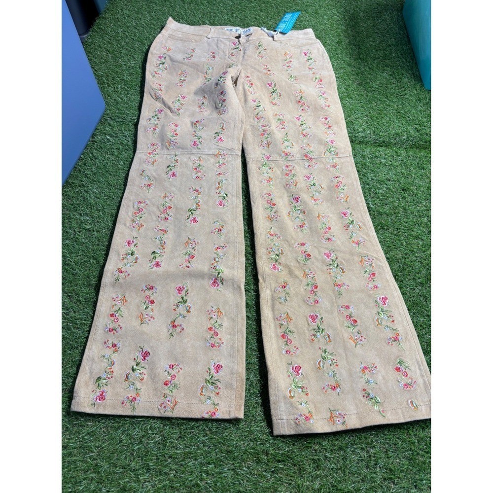 Vintage Suede Embroidered Flare Pants Women Tan Floral Boho Festival Size M