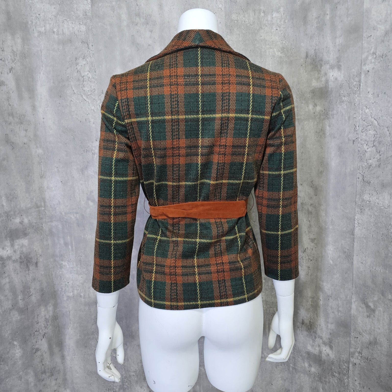 Vintage 70s Donovan Galvani Dallas Dbl Knit Polyester Brown Green Plaid Blazer
