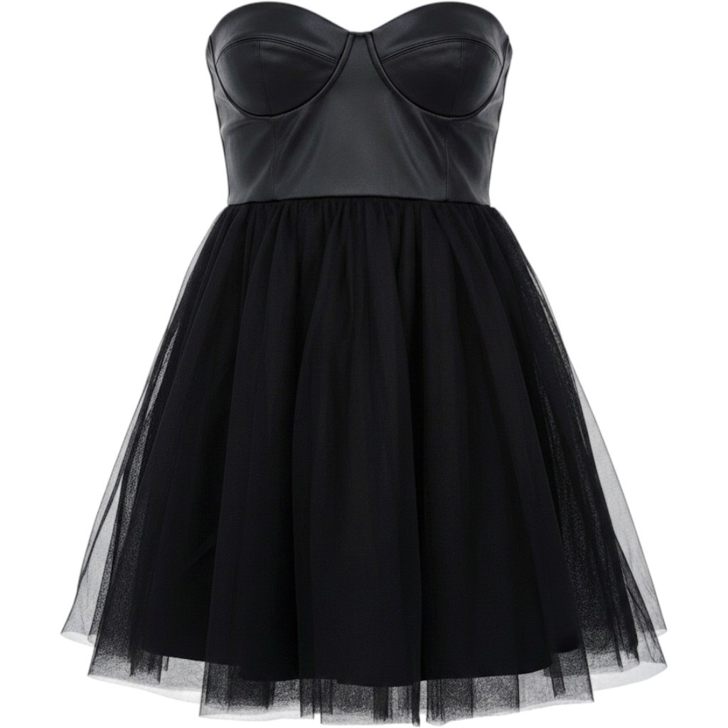 Black Faux Leather Corset Tulle Mini Dress Gothic Balletcore Dark Coquette NWT S