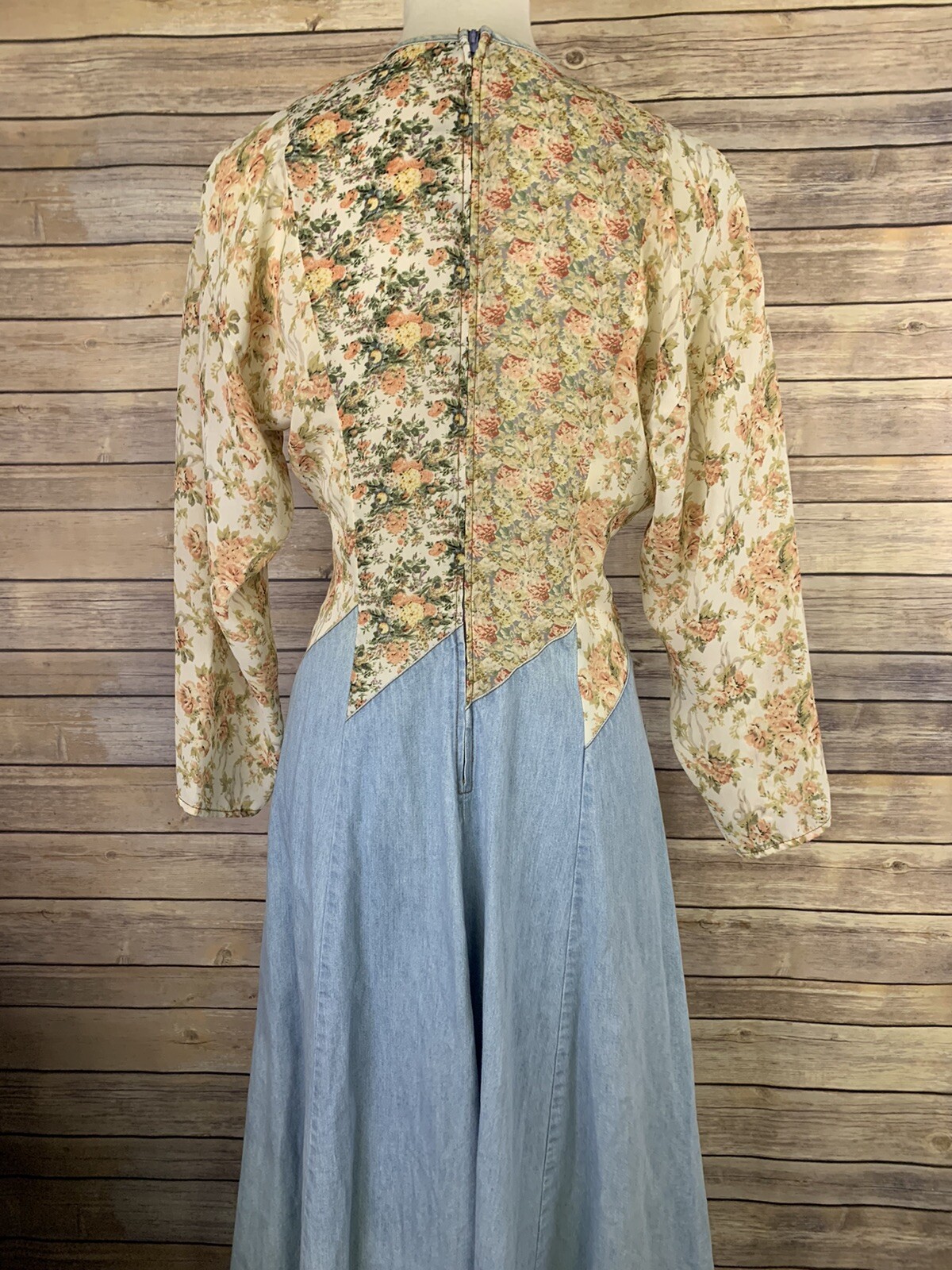 Vintage Tickets Womens Dress Denim Floral Mixed Zip Back Boho Long Cottage Core
