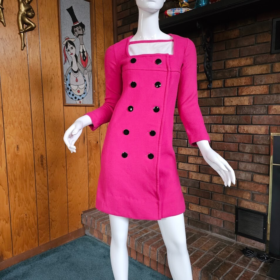 Vtg 60s Mod Space Age Raspberry Pink Wool Carnaby Mini Youthquake Coat Dress S