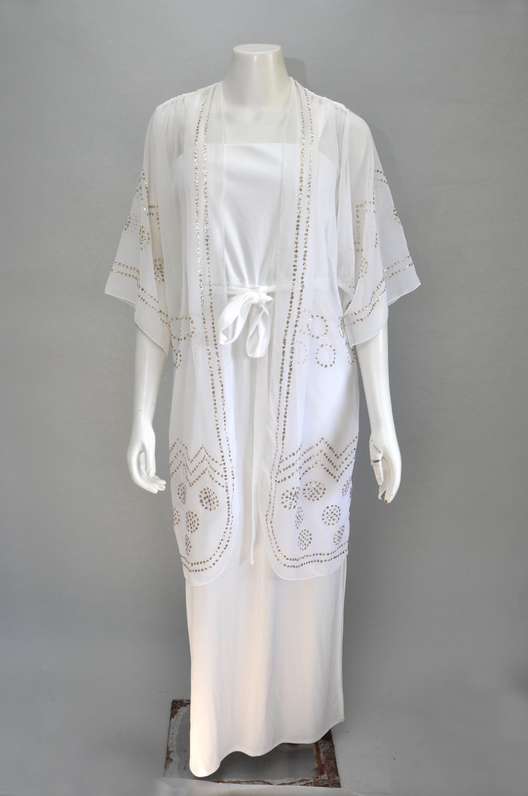 Vintage 1970s White Gold Sleeveless Maxi Dress Sheer Shirt Grecian Cruise Bridal