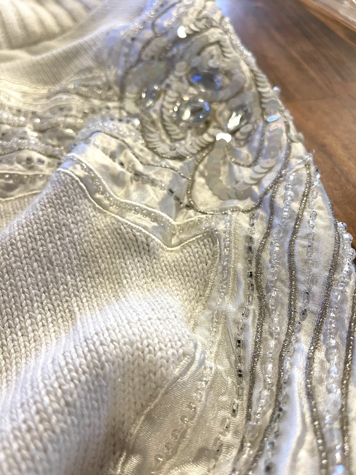 80s 90s Bonnie Boerer Beaded Cardigan Sweater Small Ivory Silver Sequins Chunky