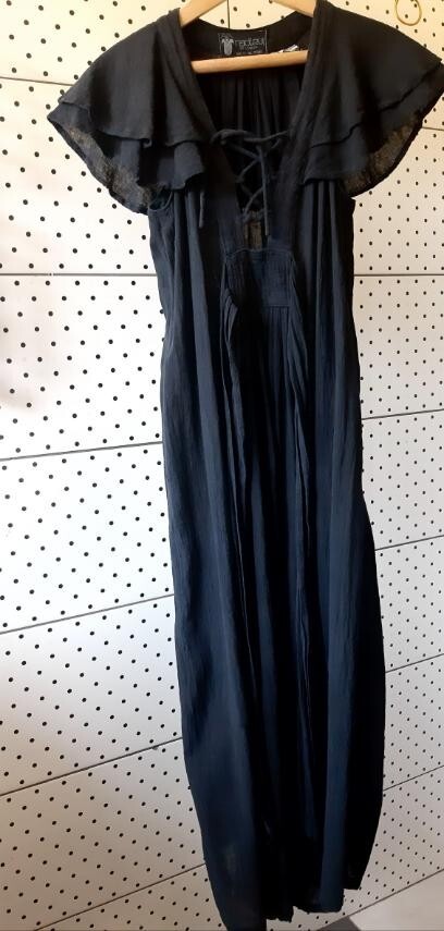 Vintage RADLEY London Black Maxi Sexy Cotton Dress Wing Sleeves Size 12-36″/91cm