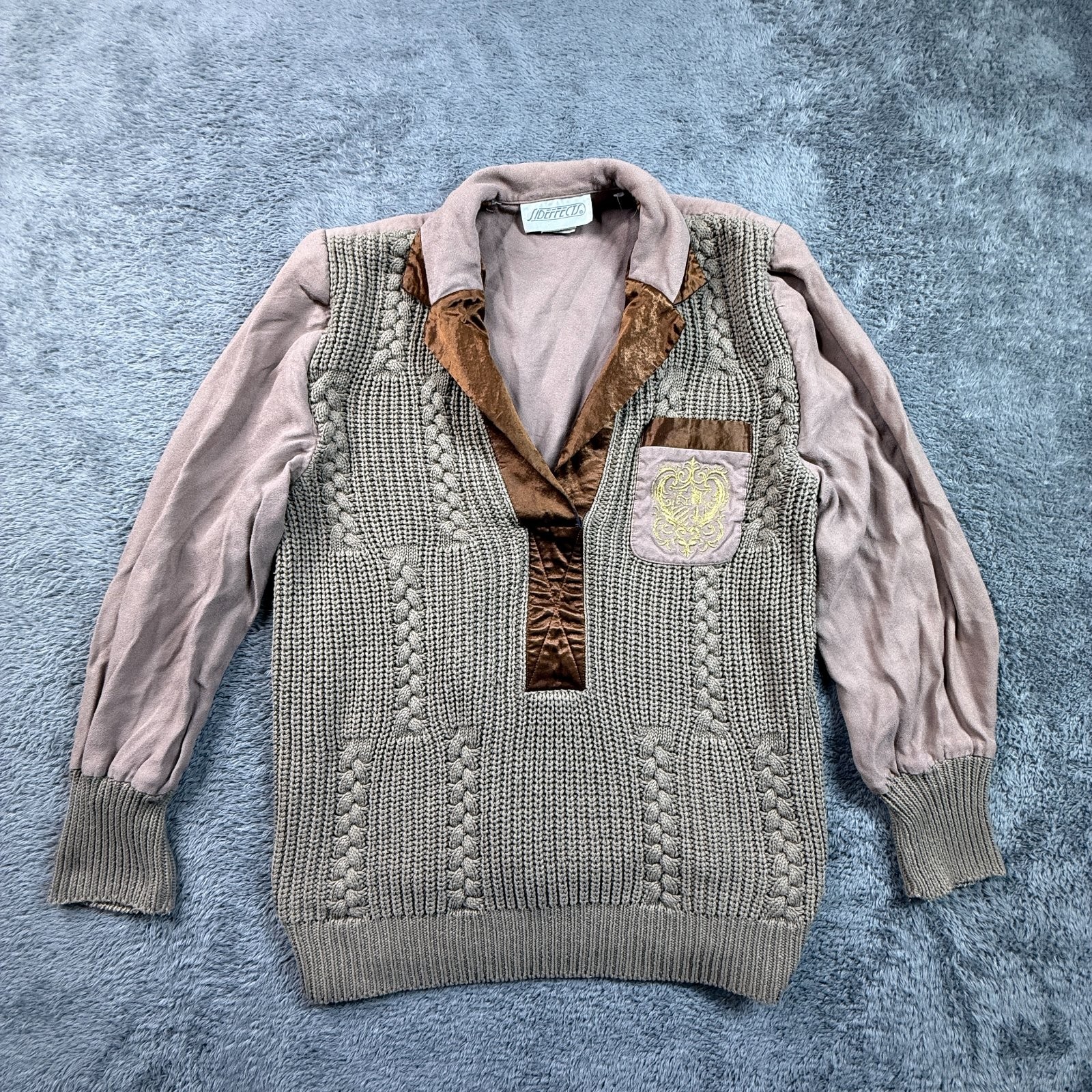 SidEffects Vintage 80s Mixed Media Sweater Knit Suede Velvet Crest Jacket Sz S