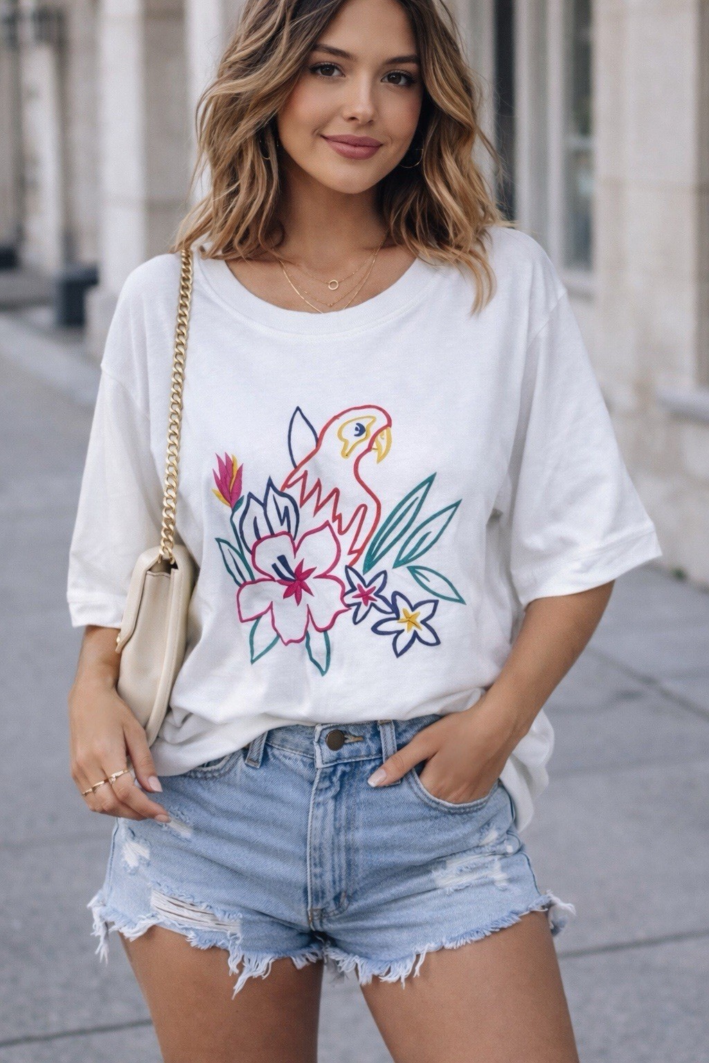 Izod 90s Sz M White Embroidered Parrot Tee Floral Vintage Short Sleeve Top *READ