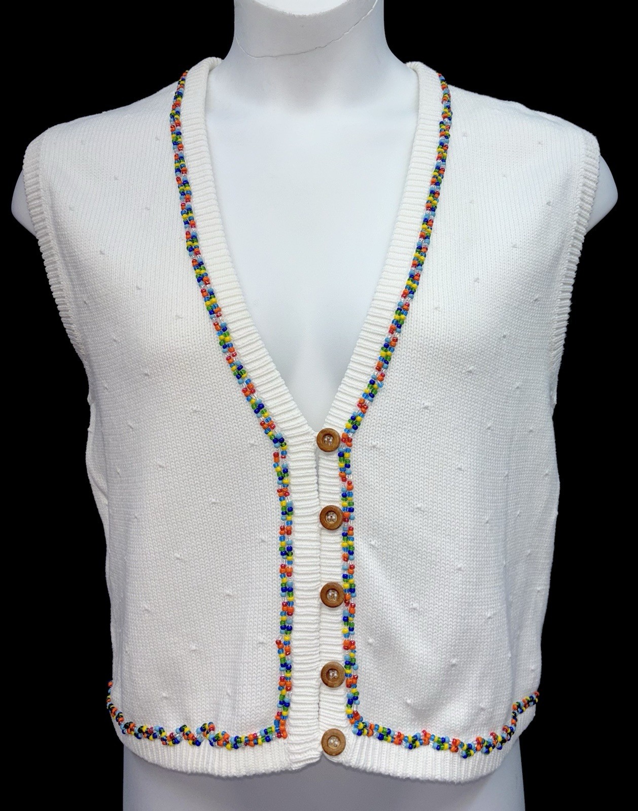 VTG Liz Sport Women Size L Sleeveless Button Up Beaded Trim Sweater Vest White