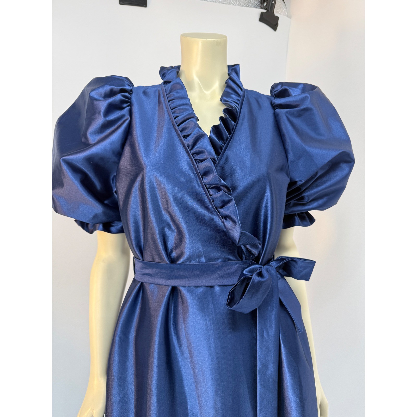 Vintage Puff Sleeve Satin Robe Royal Blue Ruffle Neck Tie Waist Maxi Wrap M/L