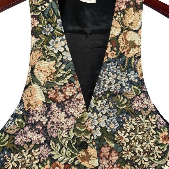 Vtg 90s You Babes Womens Green Garden Floral Tapestry Vest S Lined Button Formal