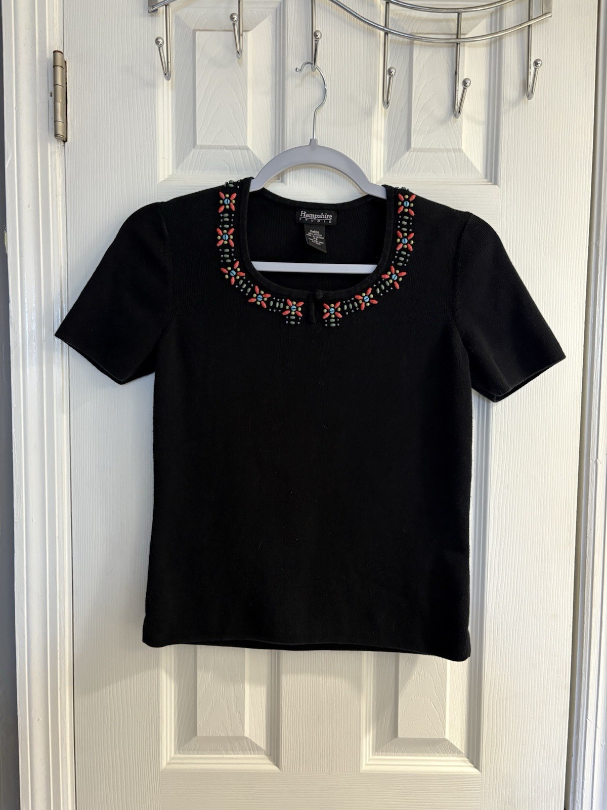 Vintage HampshireStudio 100% Cotton Petite Beaded Collar Ladies T Size Small