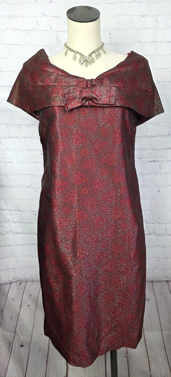 Vintage 60’s Sheath Cocktail Dress Red Gold Metallic Bow Elegant Luxury Glam S/M