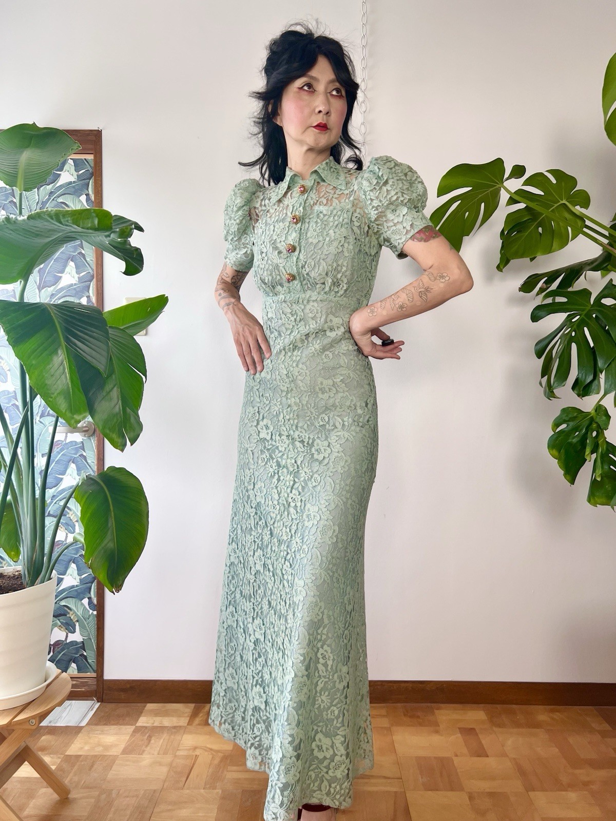 1930s Seafoam Green Floral Sheer Lace Puff Sleeves Gown Dress XS/S Old Hollywood