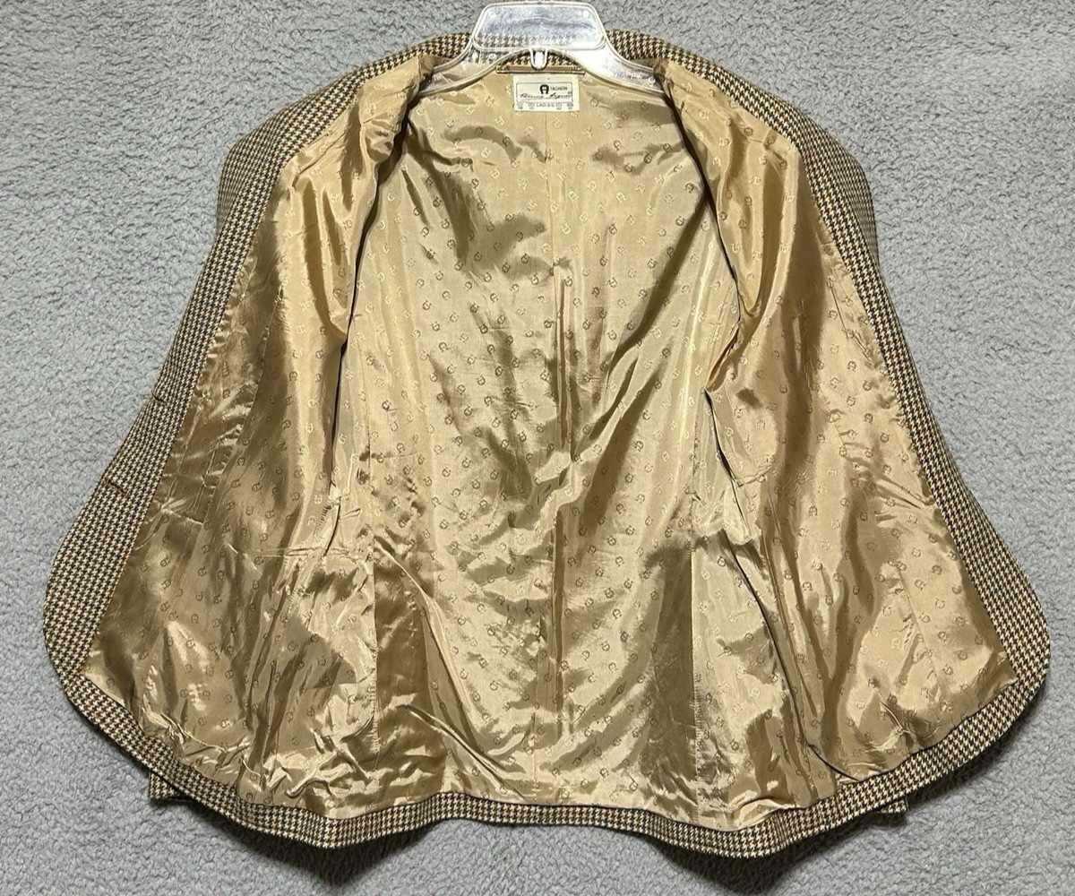 Ettienne Aigner Vintage Womens L Houndstooth Blazer Jacket 2 Button Lined Piping