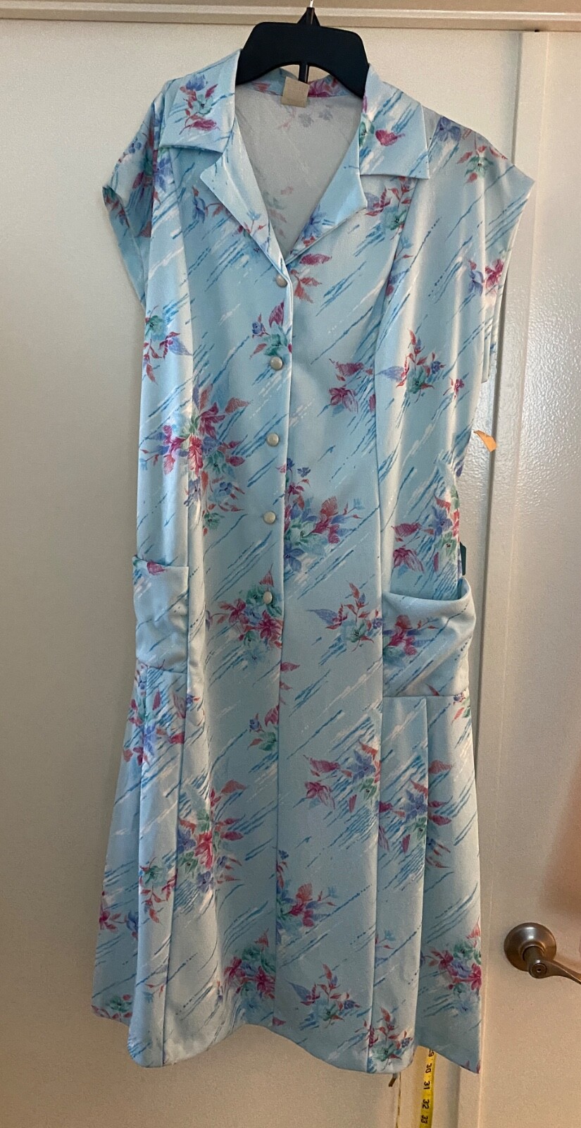 VTG 70s House Dress Women Floral Vneck Collar Button Tie Waist Blue Pink Floral