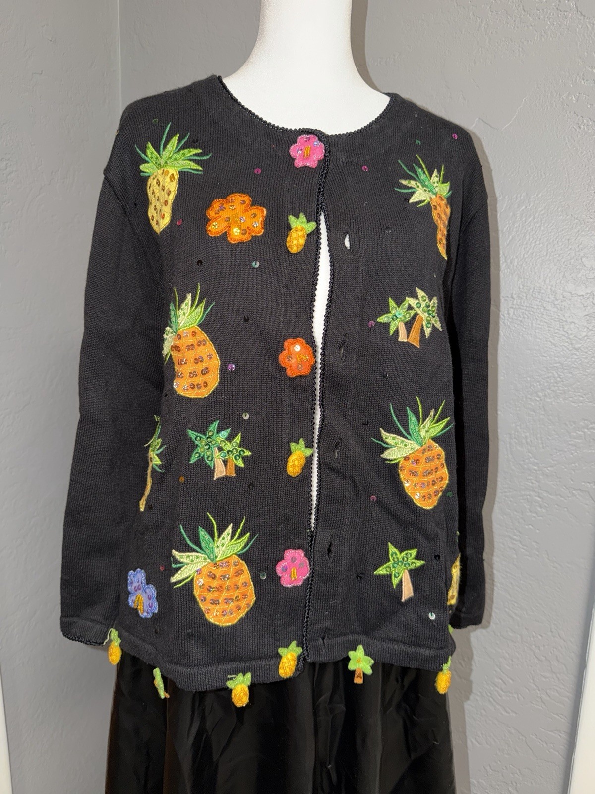 Jack B. Quick Pineapple Cardigan Size Petite Large Tropical Palm Trees 90’s