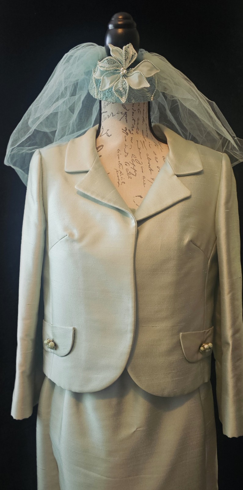 1966 Bergdorf Goodman Miss Bergdorf Seafoam Silk Bridal Ensemble