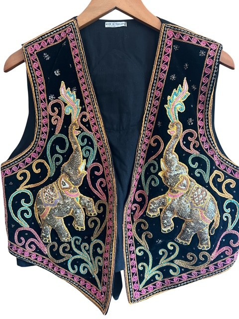 Vtg 90s Artisan Handmade Thai Elephant Vest Beaded 3D Puffed Boho Art to Wear L