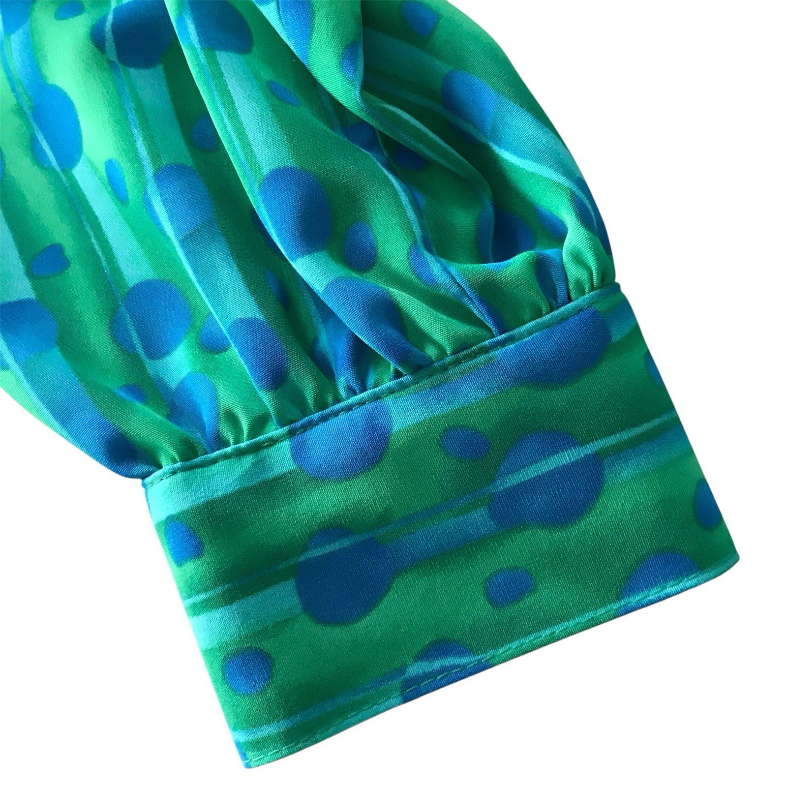 Vintage Dress Sz 10 Long sleeve Abstract Geometric Long Tie Belt Blue Green 70s