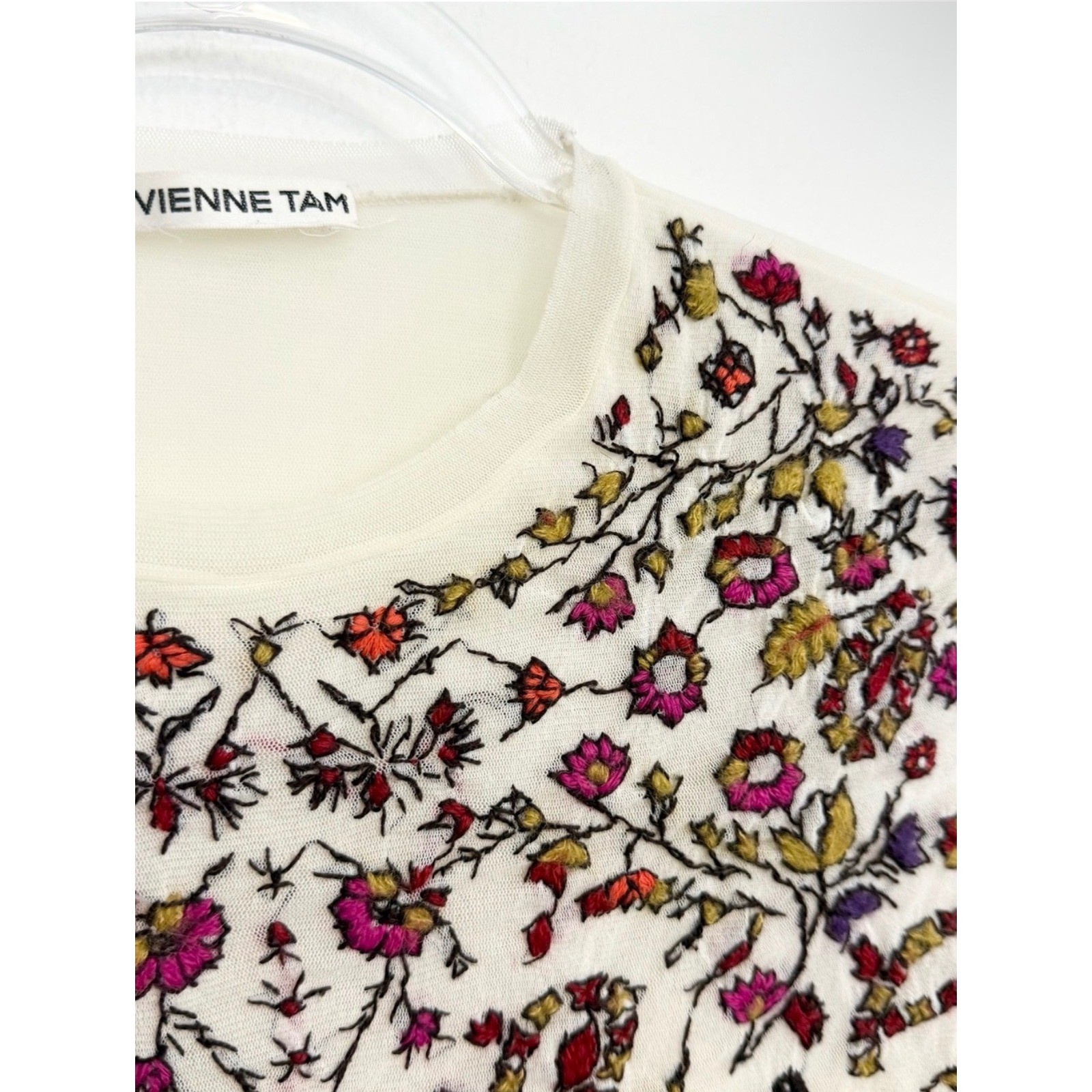 Vintage 90s Vivienne Tam Embroidered Mesh Top Sheer Floral Fairy Grunge XS S