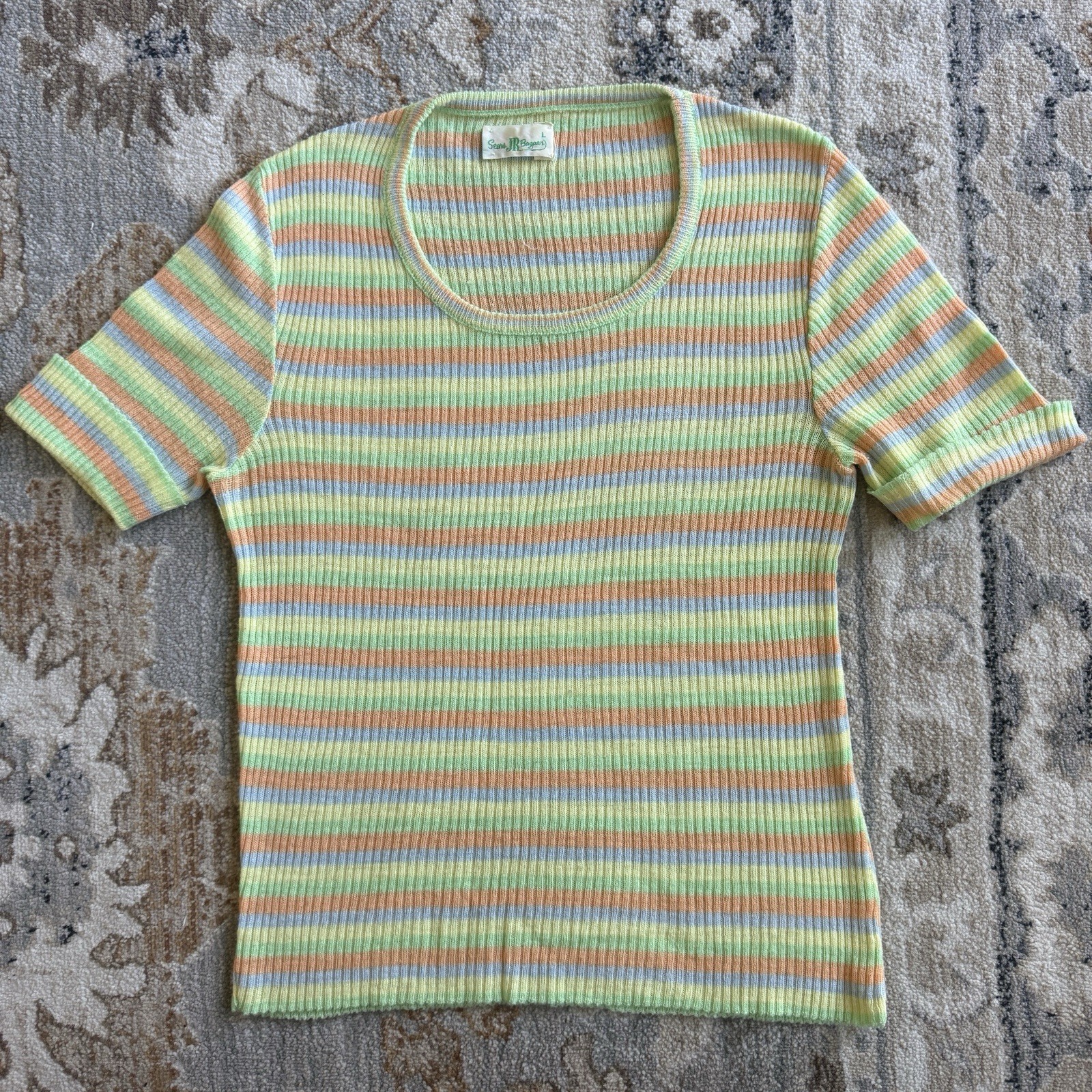 True Vintage SEARS Jr Bazaar Women’s Striped Knit T Shirt Pastel Color 60s 70s
