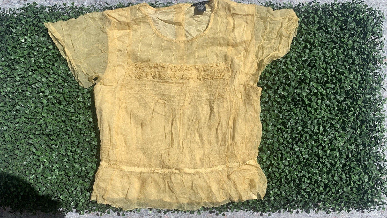 As Is vintage 90s Y2K designer yellow gold silk chiffon crop blouse top