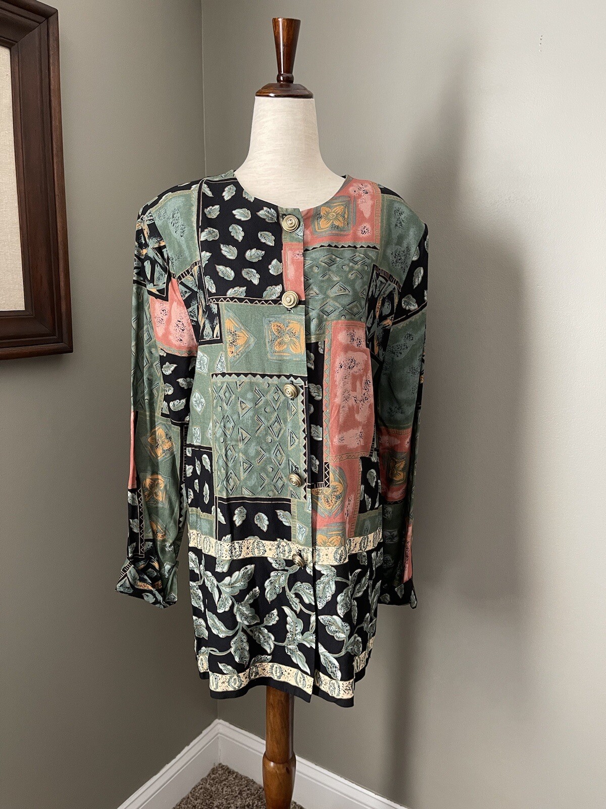 Vintage 80s 90s Shoulder Pad Patchwork Style Button Up Top Gold Spiral Buttons