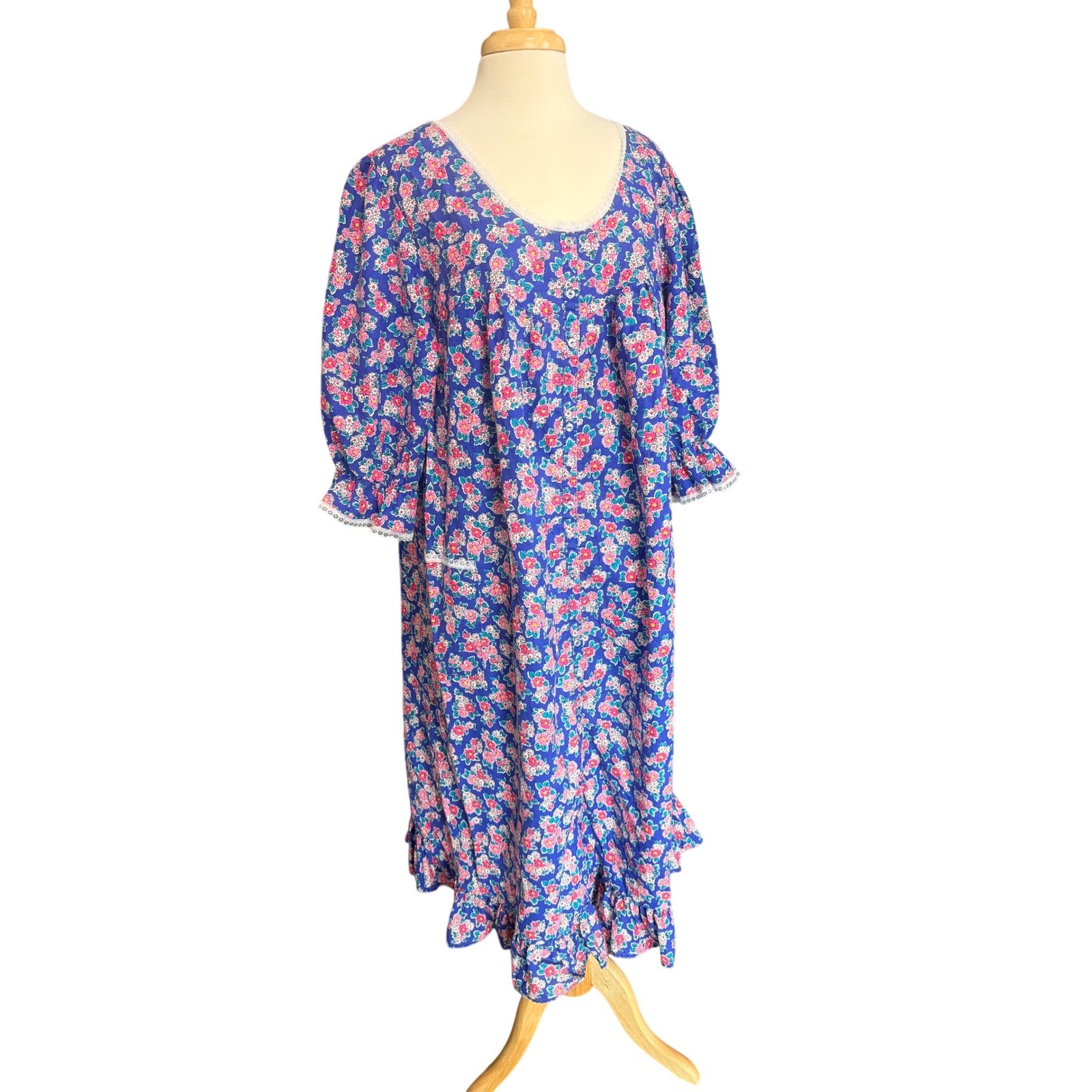 Vintage Ilise Stevens Nightgown 1X Cotton Floral Lace Ruffle House Dress USA