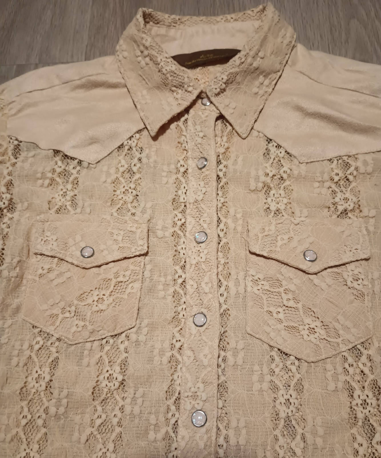 Vtg 90s AVRA Wrangler Sheer Lace Mother of Pearl Snap Button Western Shirt Top S