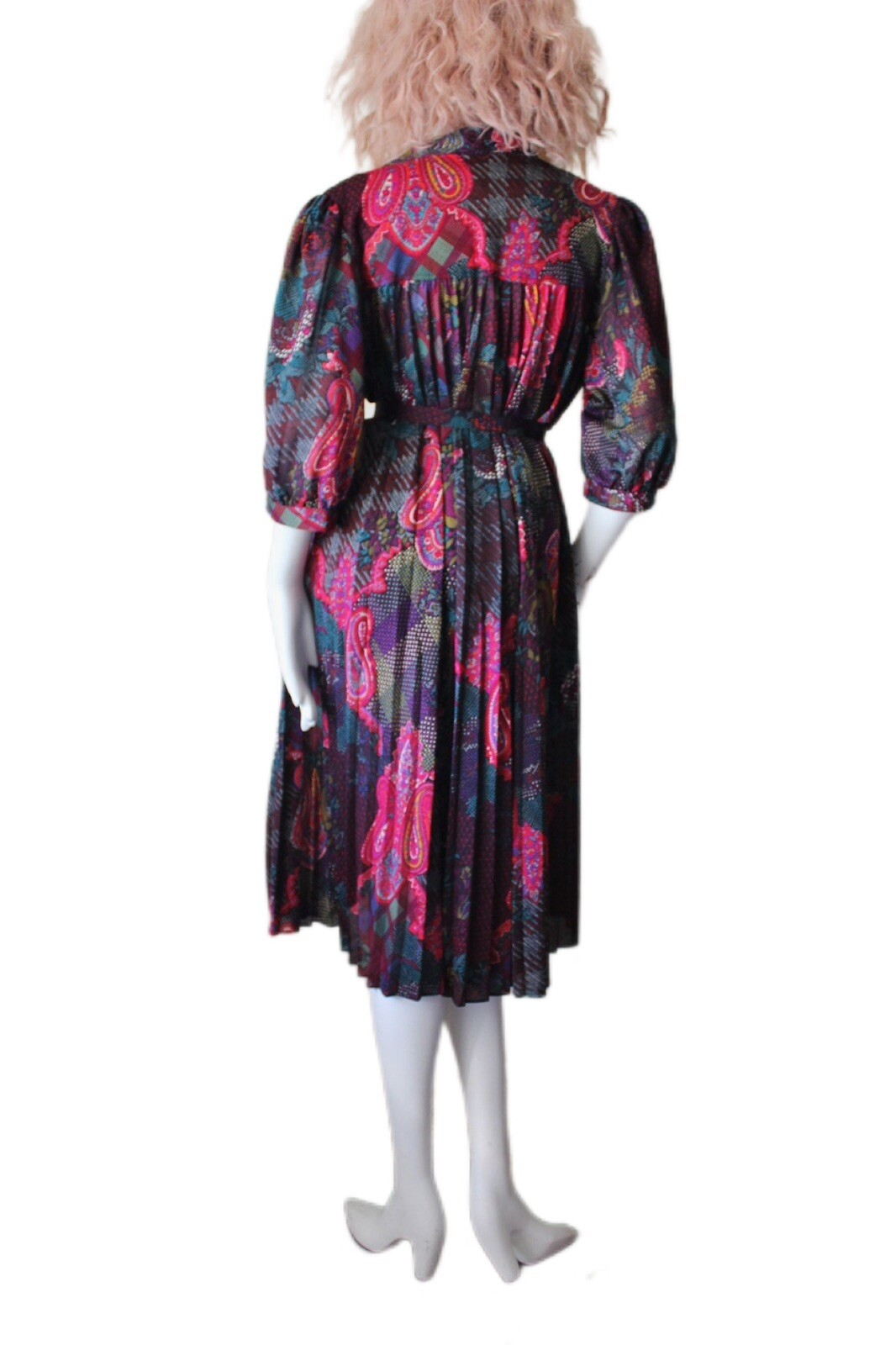 Boho Multicolor Paisley Day Dress ¾ Sleeve Belted Pleated Vintage 70’s