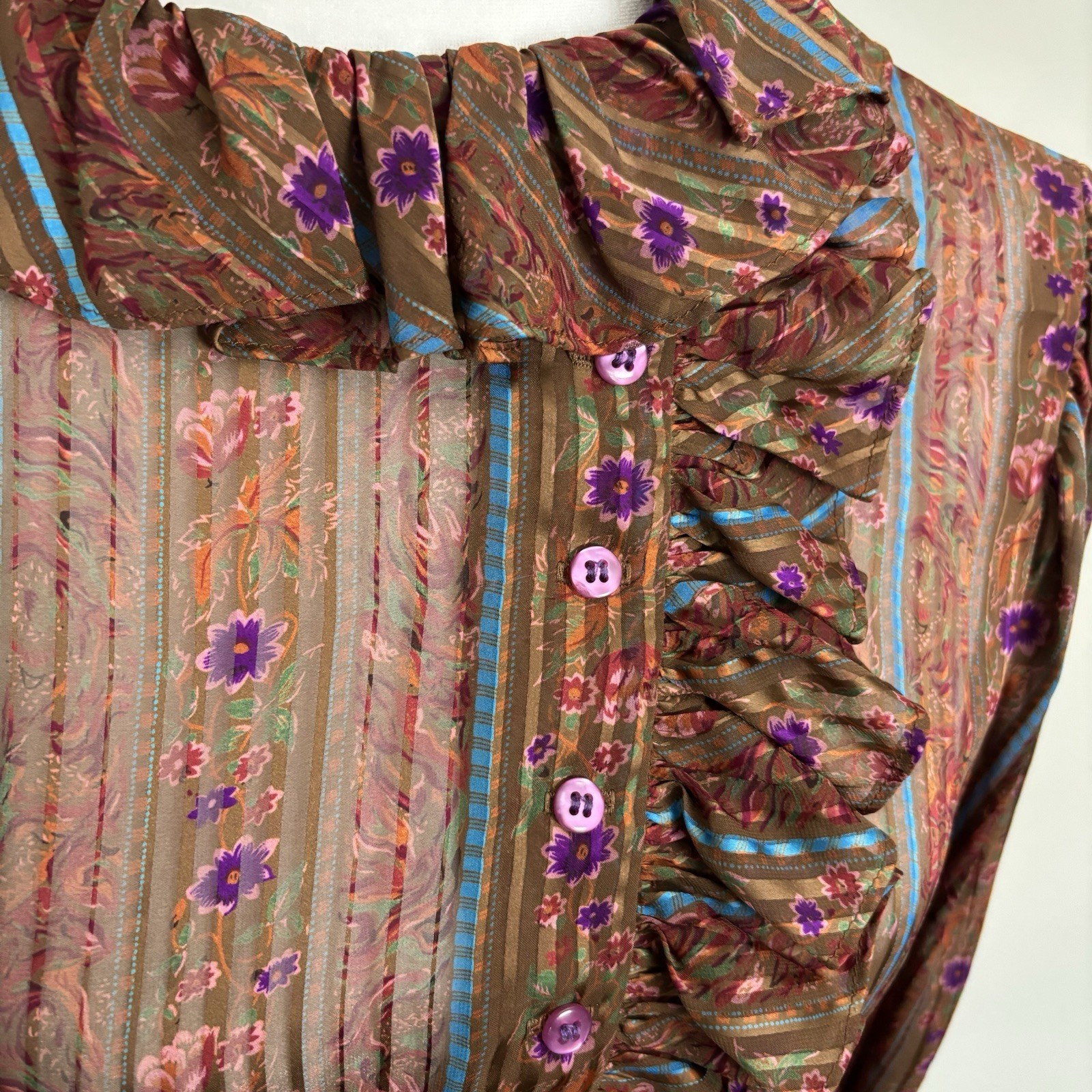 The Kollection VTG 70’s Sheer Floral Ruffle Button Front Belted Midi Dress-M