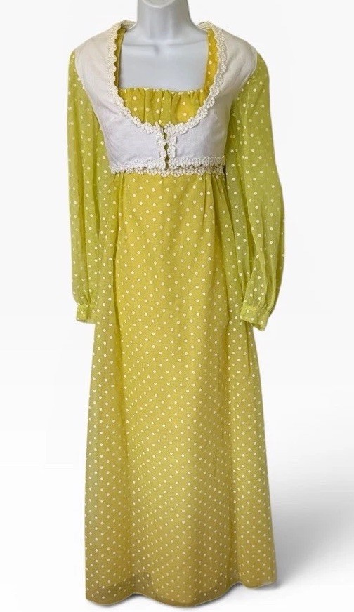 Vintage 70s Yellow Polka Dot Maxi Dress & Bolero Jacket XS/S Prarie Princess