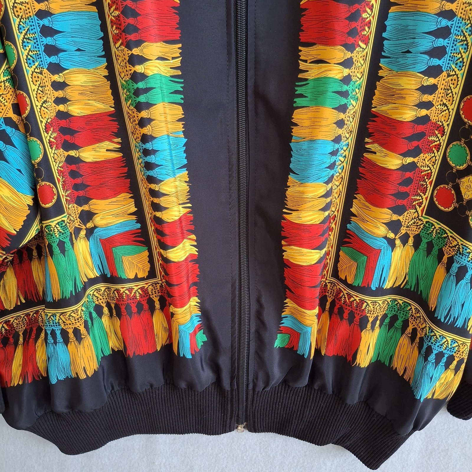 Vtg 80s Peter Popovitch Bomber Jacket Tassel Print Baroque Art to Wear M USA