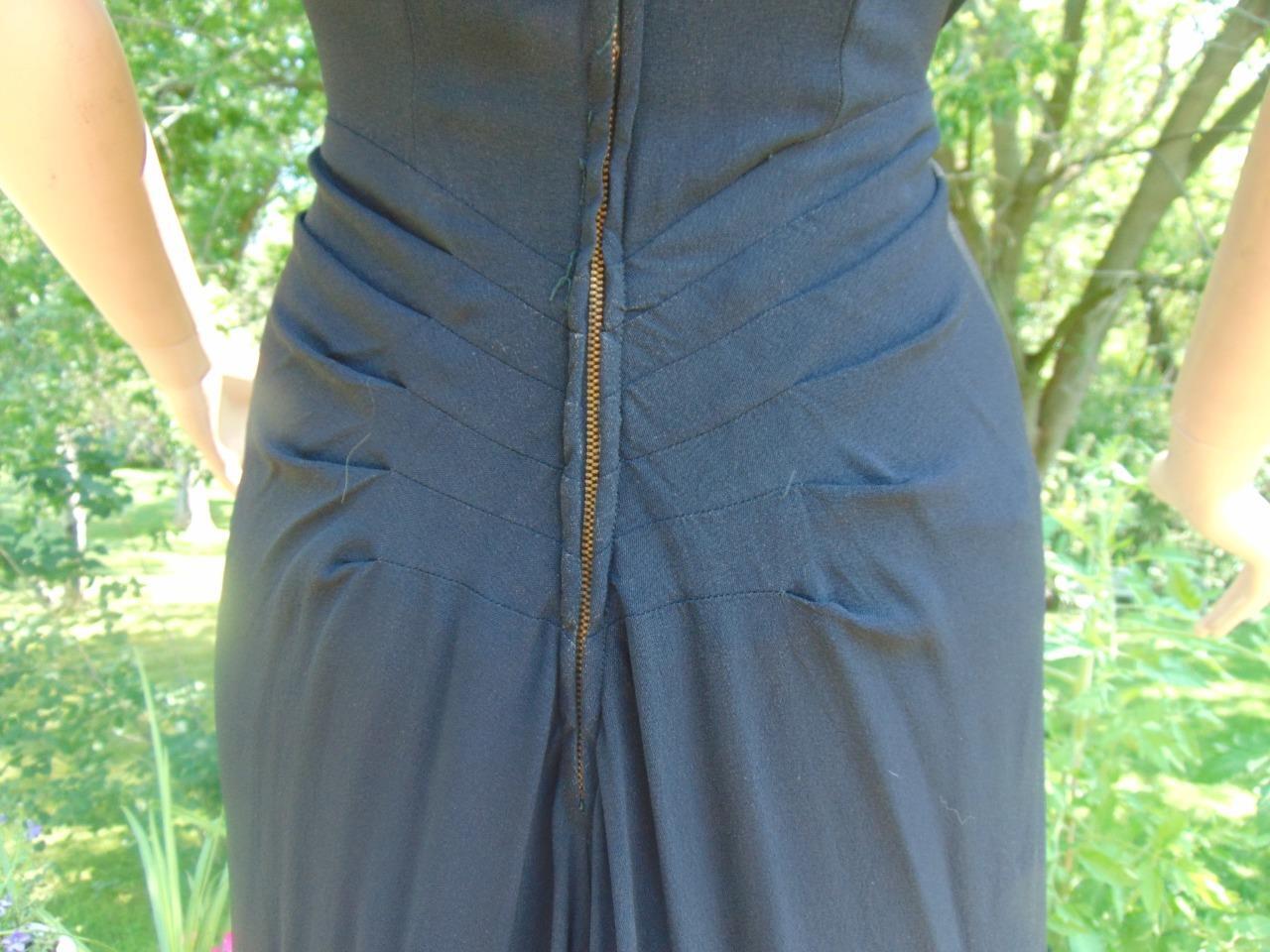 VTG 40s Black Rayon Sequin Cocktail Dress Back Drape 28W