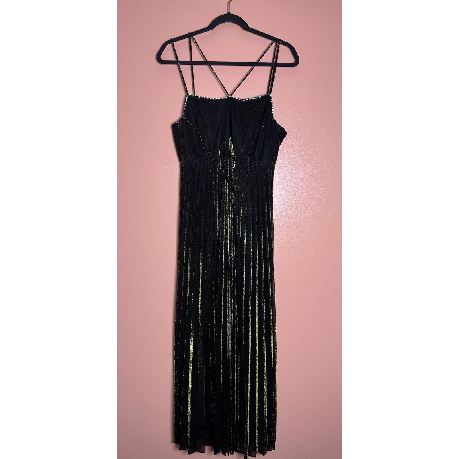 Filigree Ltd Pleated Dress Women M Black Gold Good Metallic Rhinestone Vintage