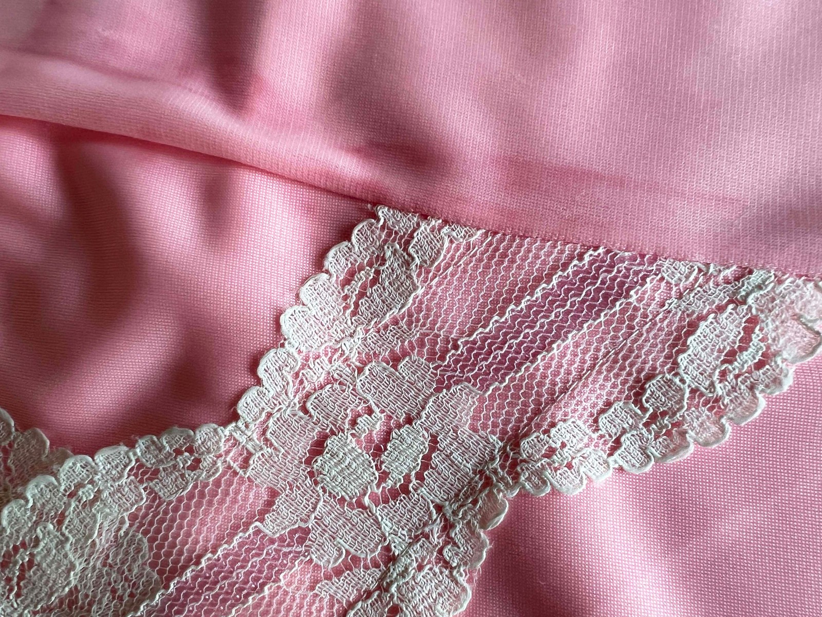 Vintage 50’s Pink Nylon Satin Slip/ Nightgown/ Lace Trim- Sz. 38