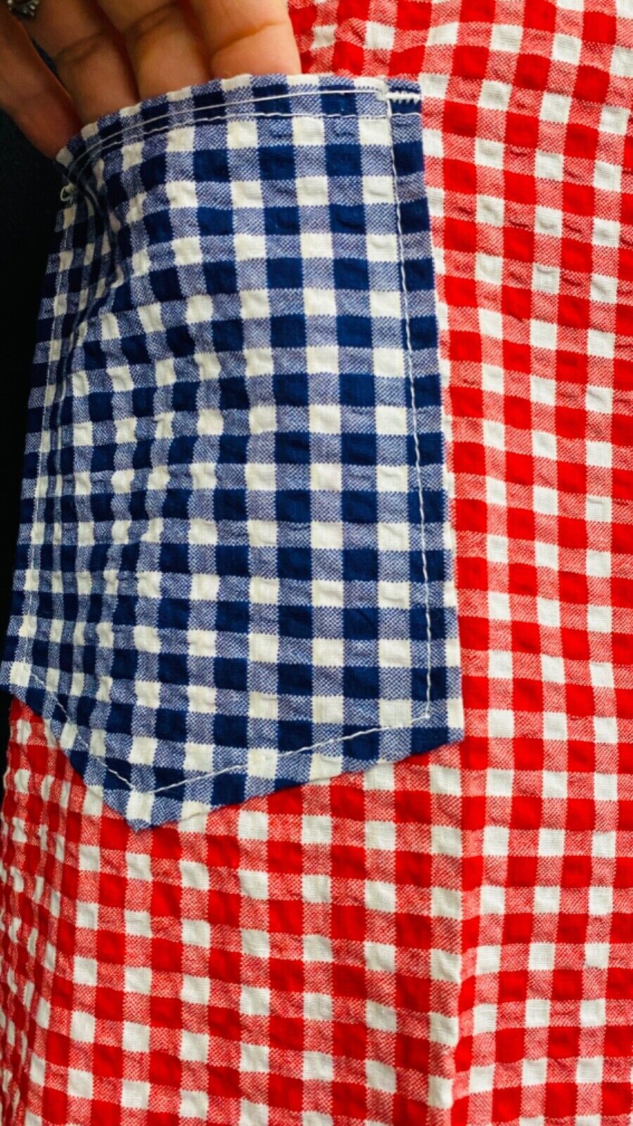 Vintage 1970s red white blue gingham pants, cotton seersucker high waist wide