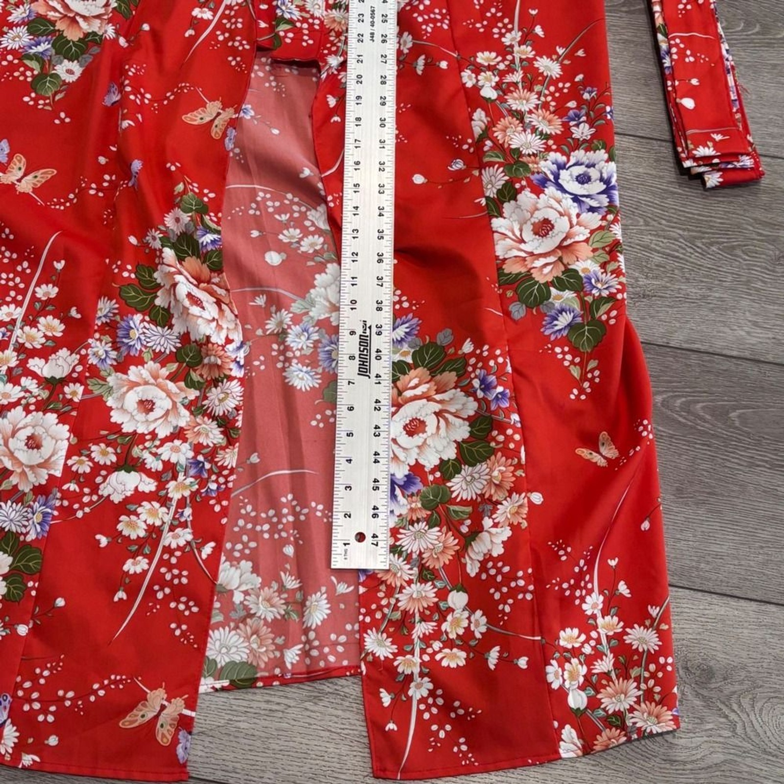 Vintage Made in Japan Red Floral Kimono Robe Butterfly Peony Long Dressing Gown