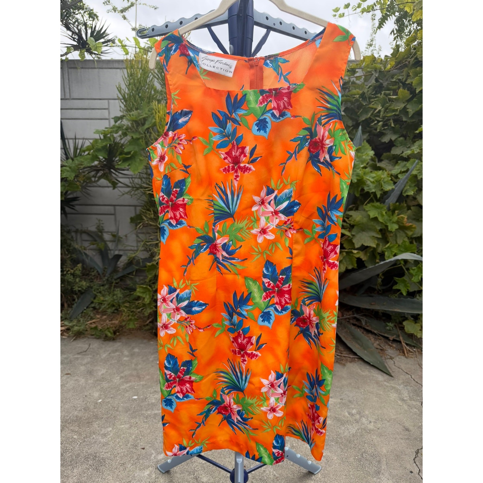 Vintage Y2K Sheath Dress Size 11/12 Orange Tropical Floral Giorgio Fiorlini
